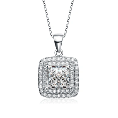 Genevive C.z. Sterling Silver Rhodium Plated Square Pendant In White