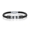 Blackjack Black & Silver Stainless Steel W/ Black Cz Genuine Leather Bracelet In White