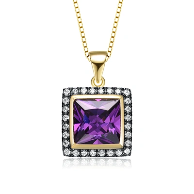 Genevive Yellow Gold Plated Square Purple Cubic Zirconia Pendant Necklace In Multi