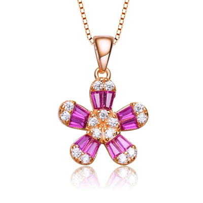 Genevive Sterling Silver With Rose Gold Plated Red Baguette Cubic Zirconia Flower Style Pendant Neck