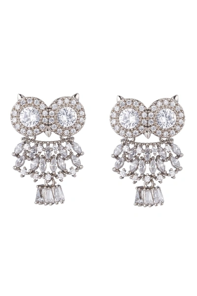 Eye Candy La Amara Owl Cz Crystal Drop Earring In Silver