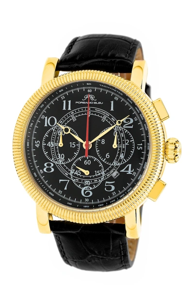 Porsamo Bleu Phileas Alligator Embossed Leather Vintage Style Chronograph Watch, 48mm In Black / Gold Tone / Yellow