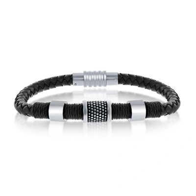 Blackjack Mens Stainless Steel Oxidized Genuine Leather Bracelet In Silver