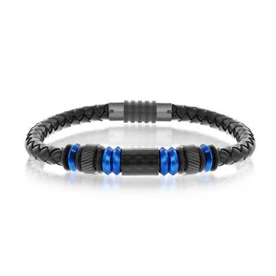 Blackjack Mens Blue Stainless Steel W/ Black Carbon Fiber Genuine Leather Bracelet