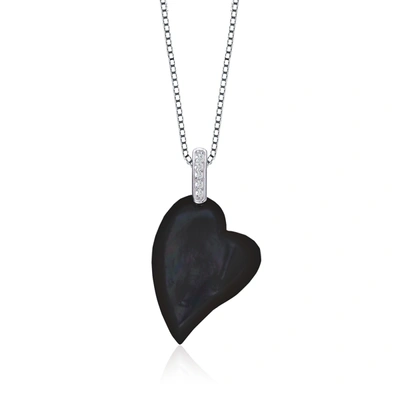 Genevive C.z. Sterling Silver Rhodium Plated Heart Shape Black Mother Of Pearl Pendant