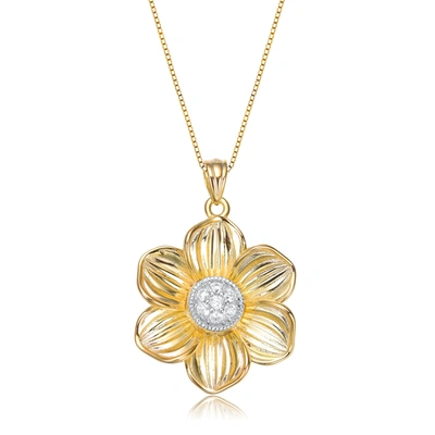 Genevive Yellow Gold Plated Flower Shaped White Cubic Zirconia Pendant Necklace