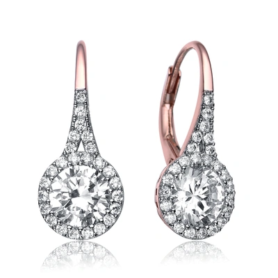 Genevive Sterling Silver Rose Gold Plated Cubic Zirconia Halo Leverback Drop Earrings In Pink