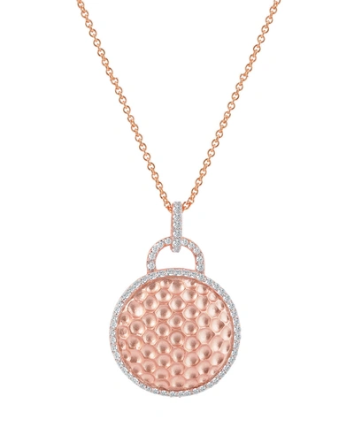 Genevive C.z. Sterling Silver Rose Plated Round Hammered Drop Pendant In Pink