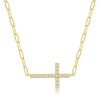 Simona Sterling Silver Cz Sideways Cross Paperclip Necklace - Gold Plated In White
