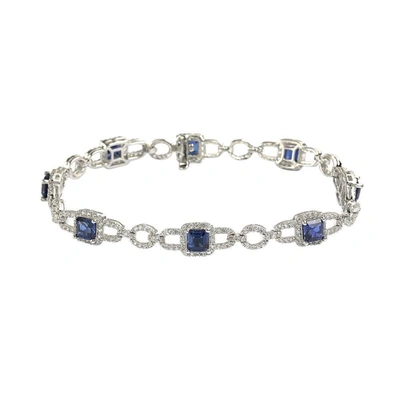 Suzy Levian Sterling Silver Asscher Cut Sapphire & Diamond Accent Tennis Bracelet In Blue