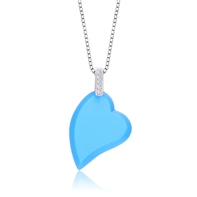 Genevive C.z. Sterling Silver Rhodium Plated Heart Shape Turquoise Mother Of Pearl Pendant In Blue