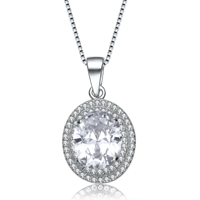 Genevive Sterling Silver Oval Cubic Zirconia Solitaire With Double Halo Necklace