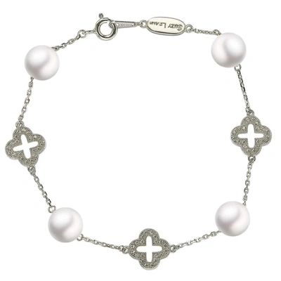 SUZY LEVIAN STERLING SILVER CLOVER WHITE SAPPHIRE AND CULTURED PEARL BRACELET