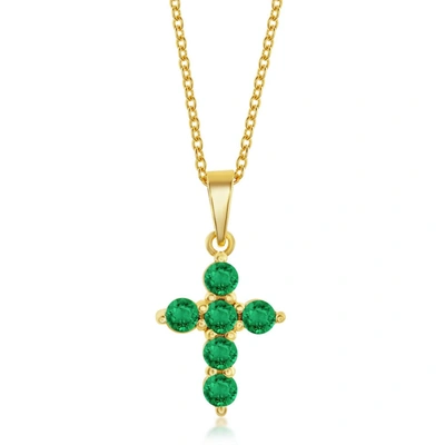 Simona Sterling Silver Cross Necklace - Emerald - Gold Plated In Green