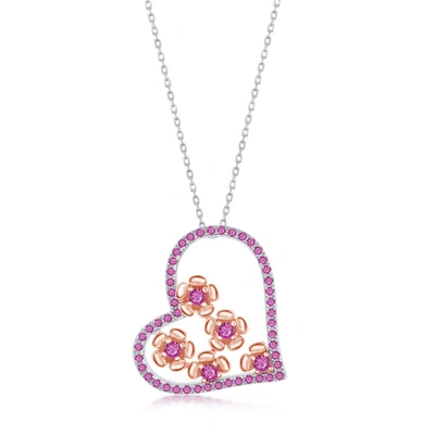 Simona Sterling Silver Cz Ruby Heart And Flowers Necklace - Rose Gold Plated In Pink