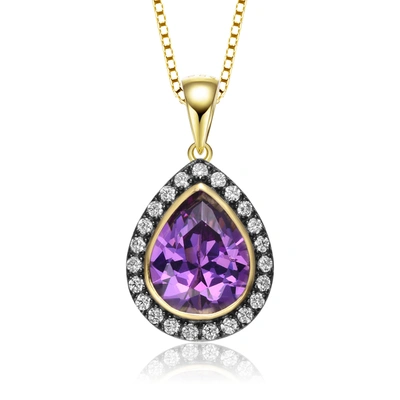 Genevive Yellow Gold Plated Teardrop Shaped Purple Cubic Zirconia Pendant Necklace In Silver