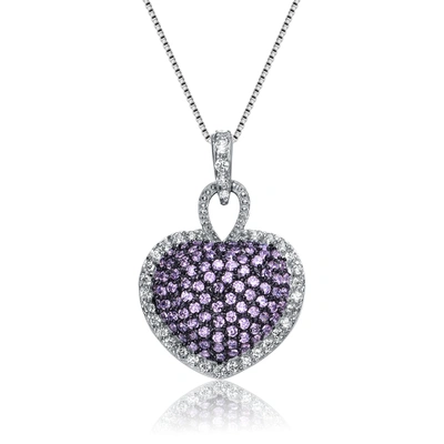Genevive Sterling Silver Purple Cubic Zirconia Pave Heart Necklace