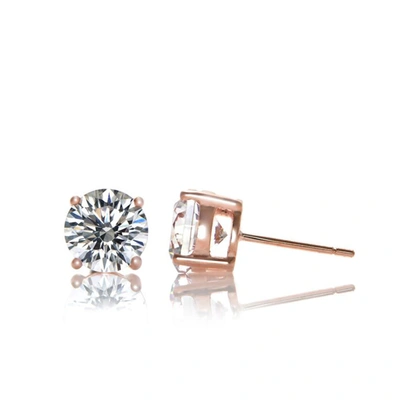 Genevive Sterling Silver Rose Gold Plated Cubic Zirconia Solitaire Stud Earrings In Pink