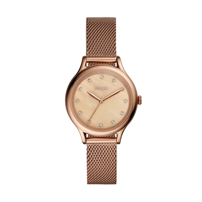 Fossil Women's Laney Three Hand Rose Gold Stainless Steel Mesh Watch 34mm In Pink