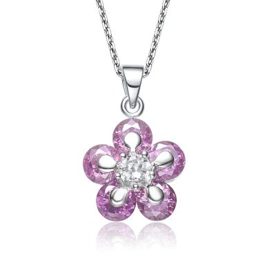 Genevive Sterling Silver Pink Cubic Zirconia Flower Charm Necklace