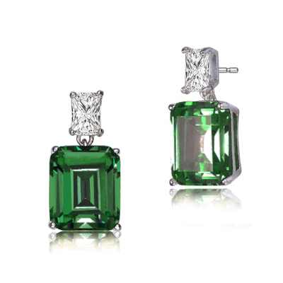 Genevive Sterling Silver Emerald Cubic Zirconia Rectangle Stud Earrings In Green