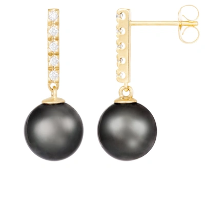 Splendid Pearls 14k Gold Diamond Encrusted Tahitian Pearl Earrings In Black