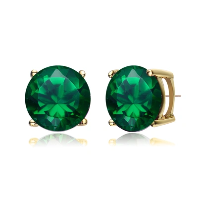 Genevive Sterling Silver Gold Plated Emerald Cubic Zirconia Solitaire Stud Earrings In Green