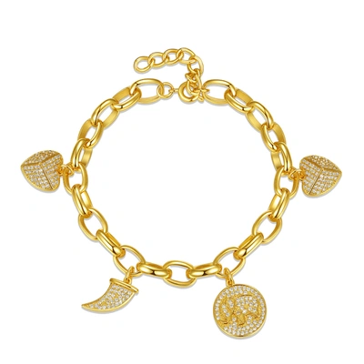 Rachel Glauber Ra 14k Yellow Gold Plated With Diamond Cubic Zirconia Tusk, Elephant & Heart Dangle Charm Adjustable