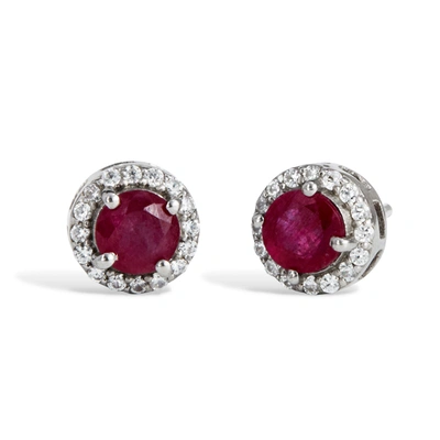Savvy Cie Jewels Sterling Silver Zircon Halo Natural Ruby Stud Earrings
