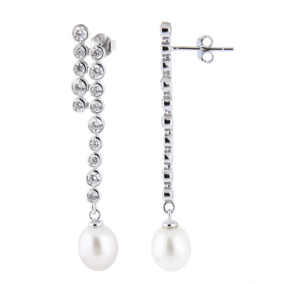 Splendid Pearls Dangling Sterling Silver 8-8.5mm Freshwater Pearl Earrings In White
