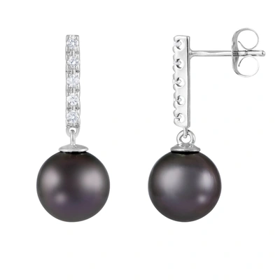 Splendid Pearls 14k Gold Diamond Encrusted Tahitian Pearl Earrings In Silver