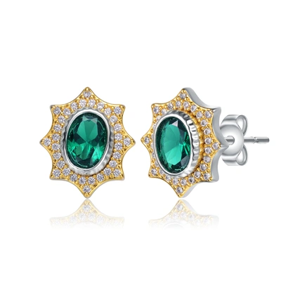 Rachel Glauber Rhodium And 14k Gold Plated Emerald Cubic Zirconia Stud Earrings In Green