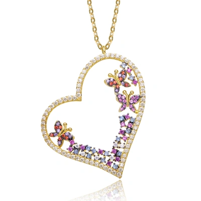 Genevive Sterling Silver 14k Gold Plated Multi Colored Cubic Zirconia Heart Necklace In Purple