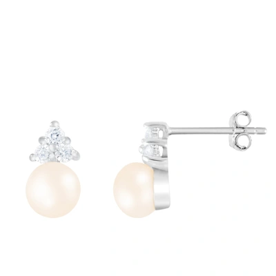 Splendid Pearls Triple Cz 6-6.5mm Freshwater Pearl Stud Earrings In White