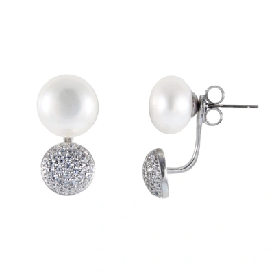 Splendid Pearls Cz Earring Jackets With White Freshwater Pearls In Silver