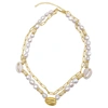 ADORNIA PEARL AND SHELL WITH PAPER CLIP CHAIN DOUBLE NECKLACE GOLD