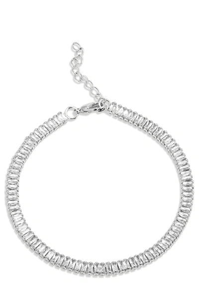 Savvy Cie Jewels Rhodium Plated Baguette Cz Anklet In Silver