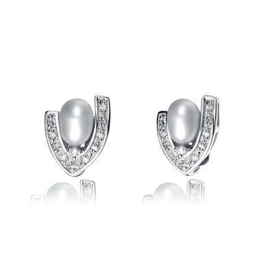 Genevive Sterling Silver Pearl And Cubic Zirconia Halo Stud Earrings In White