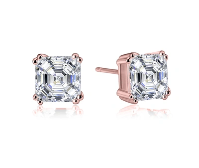 Genevive Sterling Silver Rose Gold Plated Cubic Zirconia Square Stud Earrings In Pink