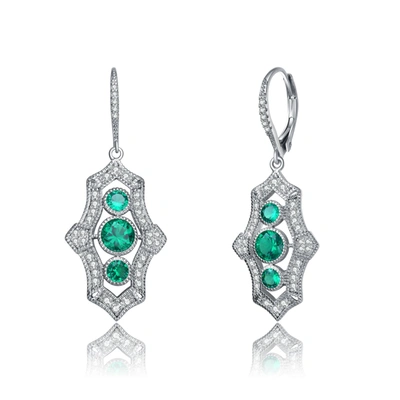 Genevive Sterling Silver Emerald Cubic Zirconia Leverback Drop Earrings In Green