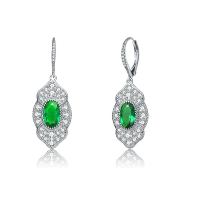 Genevive Sterling Silver Emerald Cubic Zirconia Pave Drop Earrings In Green