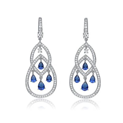 Genevive Sterling Silver Sapphire Cz Double Teardrop Chandelier Earrings In Blue