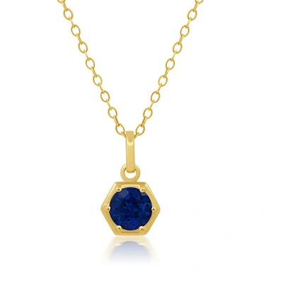 Nicole Miller 14k Yellow Gold Overlay Over Sterling Silver Round Gemstone Hexagon Pendant Necklace On 18 Inch Chai In Blue
