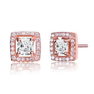 Genevive Sterling Silver Rose Gold Plated Cubic Zirconia Square Halo Stud Earrings In Pink