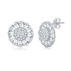 Simona Sterling Silver Micro Pave Center & Baguette Cz Border Flower Design Stud Earrings In Silver