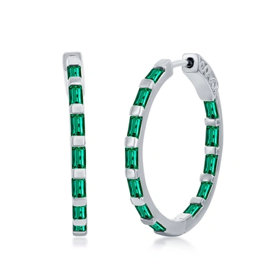 Simona Sterling Silver 25mm Cz Inside Out Hoop Earrings In Green