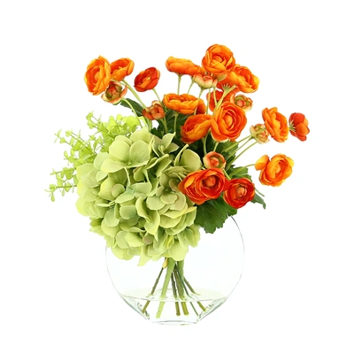 Creative Displays Orange Ranunculus, Hydrangea & Eucalyptus Arrangement In Glass Vase