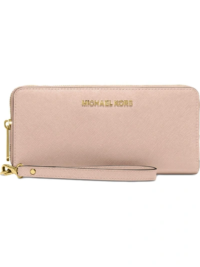 Michael Kors Jet Set Travel Continental Womens Leather Clutch Wristlet Wallet In Soft Pink,gold