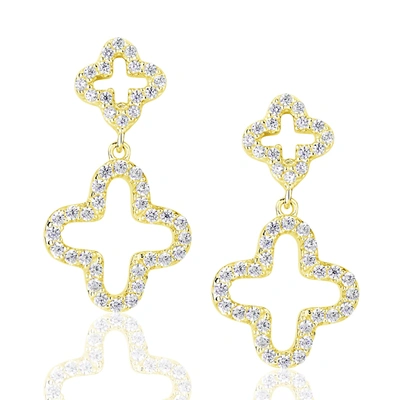 Suzy Levian Cubic Zirconia Golden Sterling Silver Double Clover Dangle Earrings In Yellow