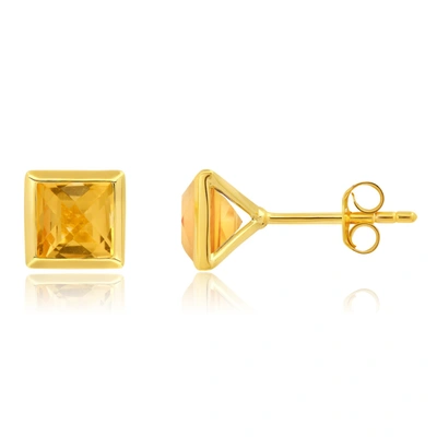 Nicole Miller Sterling Silver And 14k Yellow Gold Plated Princess Cut 6mm Gemstone Square Stud Earrings With Push 